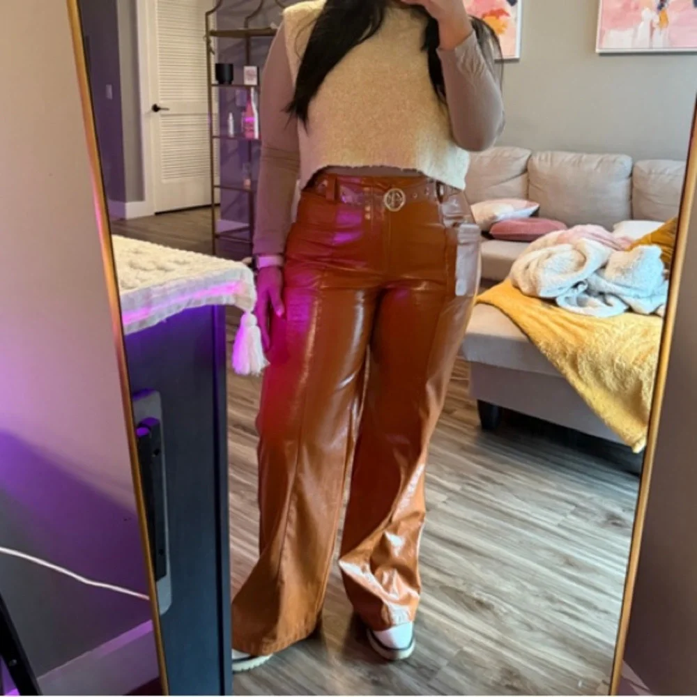 Free People Wide Leg Leather Pants Star Crossed Lovers Earthy Boho Neutral 12 - Picture 4 of 13